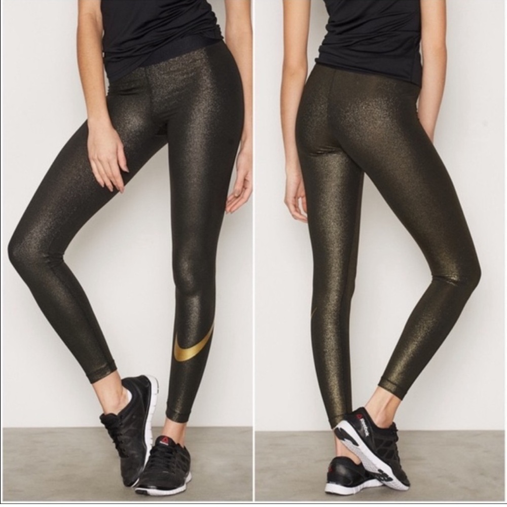 Nike Pro Sparkle Leggings Black Golden Pull On Size M Women’s Dri Fit Technology